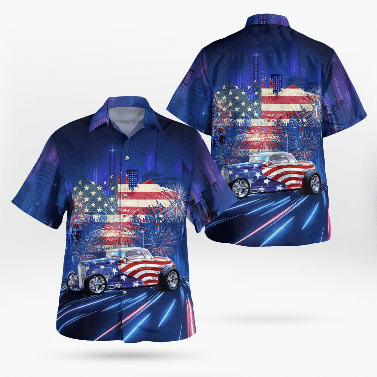 American flag and hot rod Hawaiian shirt