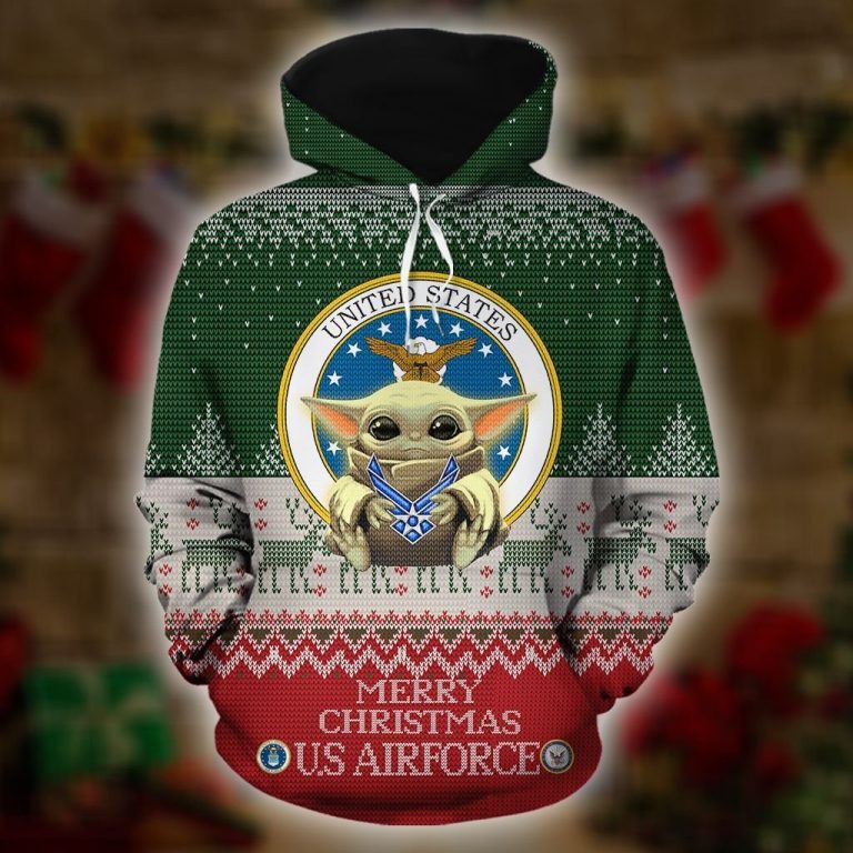 Baby Yoda Merry Christmas US Airforce 3d hoodie