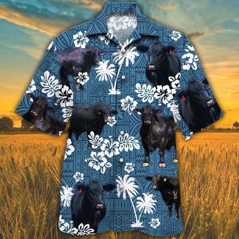 Brangus cattle blue tribal pattern Hawaiian shirt 8