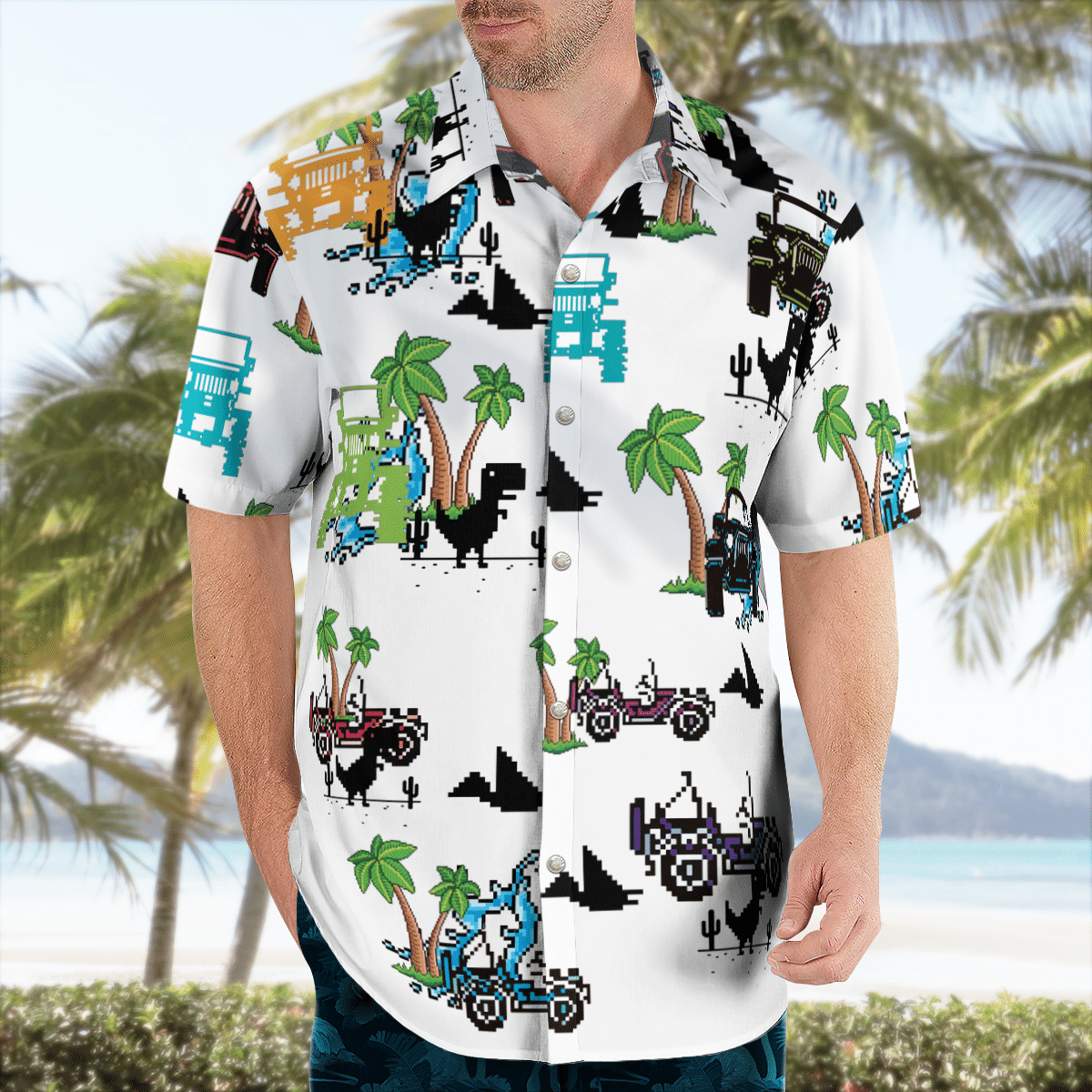 Dinosaurs and jeep in the beach Hawaiian shirt