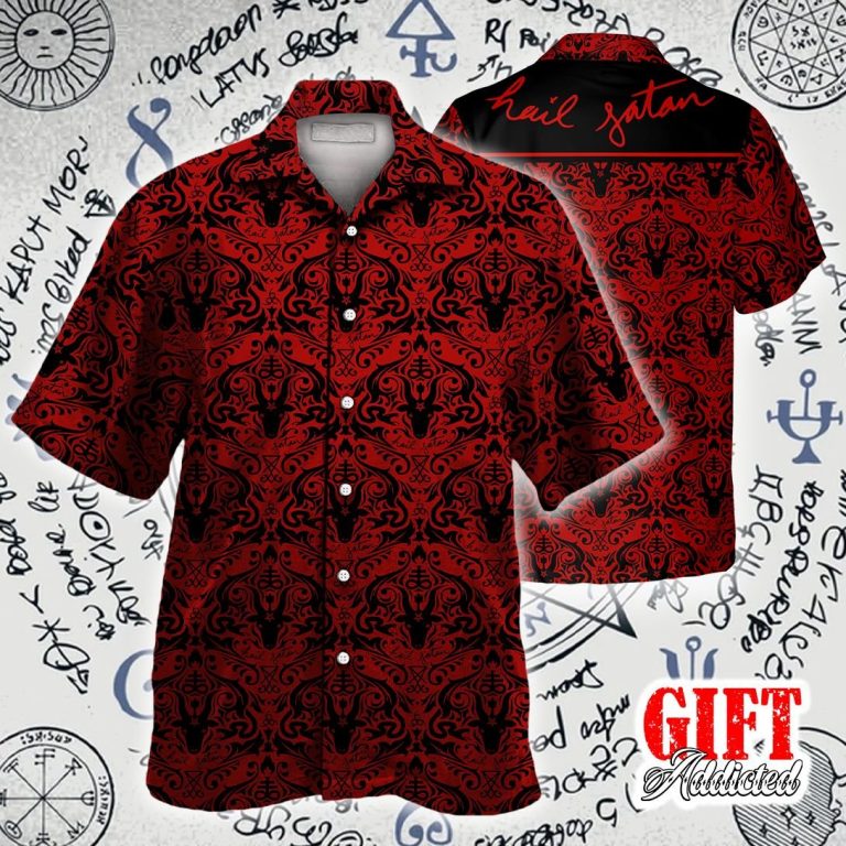 Hail Satan demon black and red pattern Hawaiian shirt 8