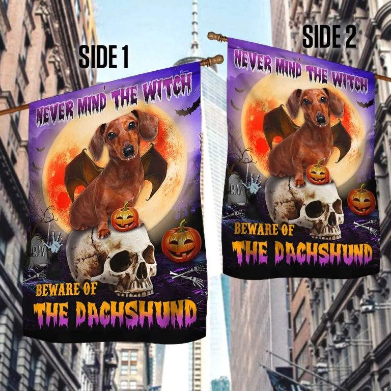 Halloween skull never mind the witch beware of the Dachshund flag 2