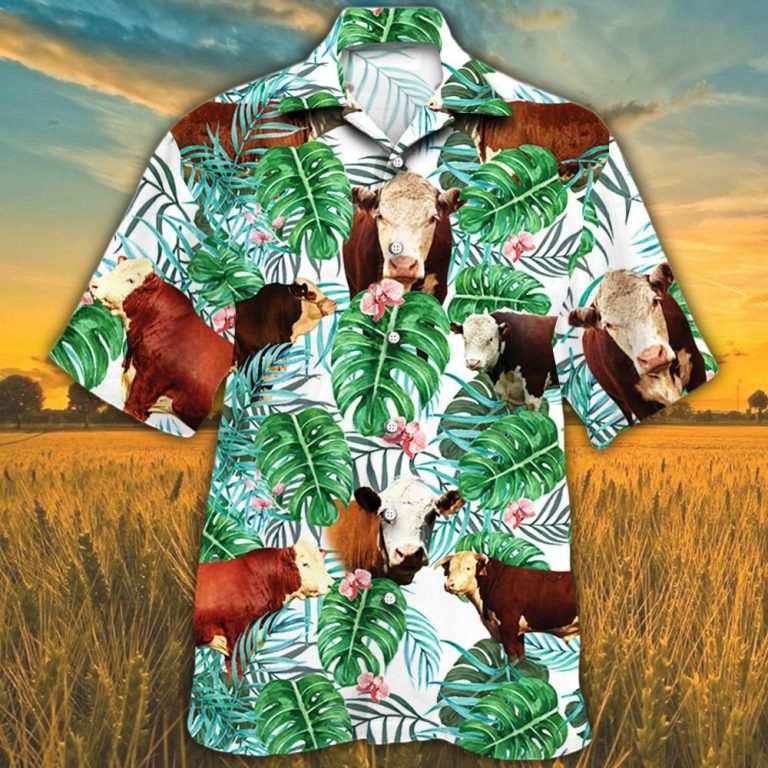 Hereford cattle tropical plant Hawaiian shirt 9