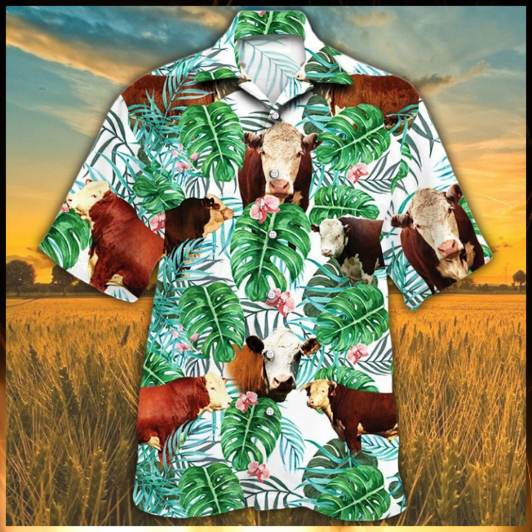 Hereford cattle tropical plant Hawaiian shirt 8