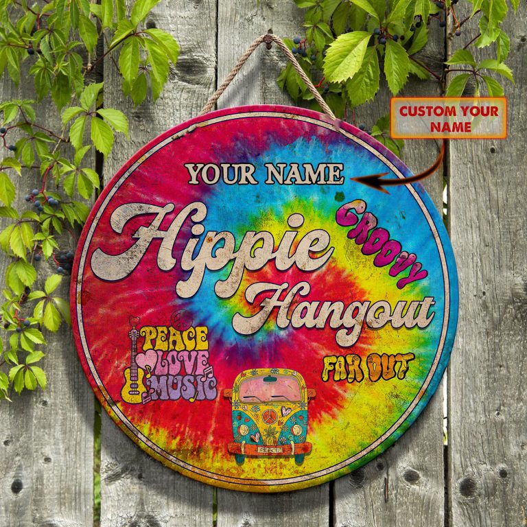 Hippie bus groovy hang out peace love music custom personalized name wooden sign 8