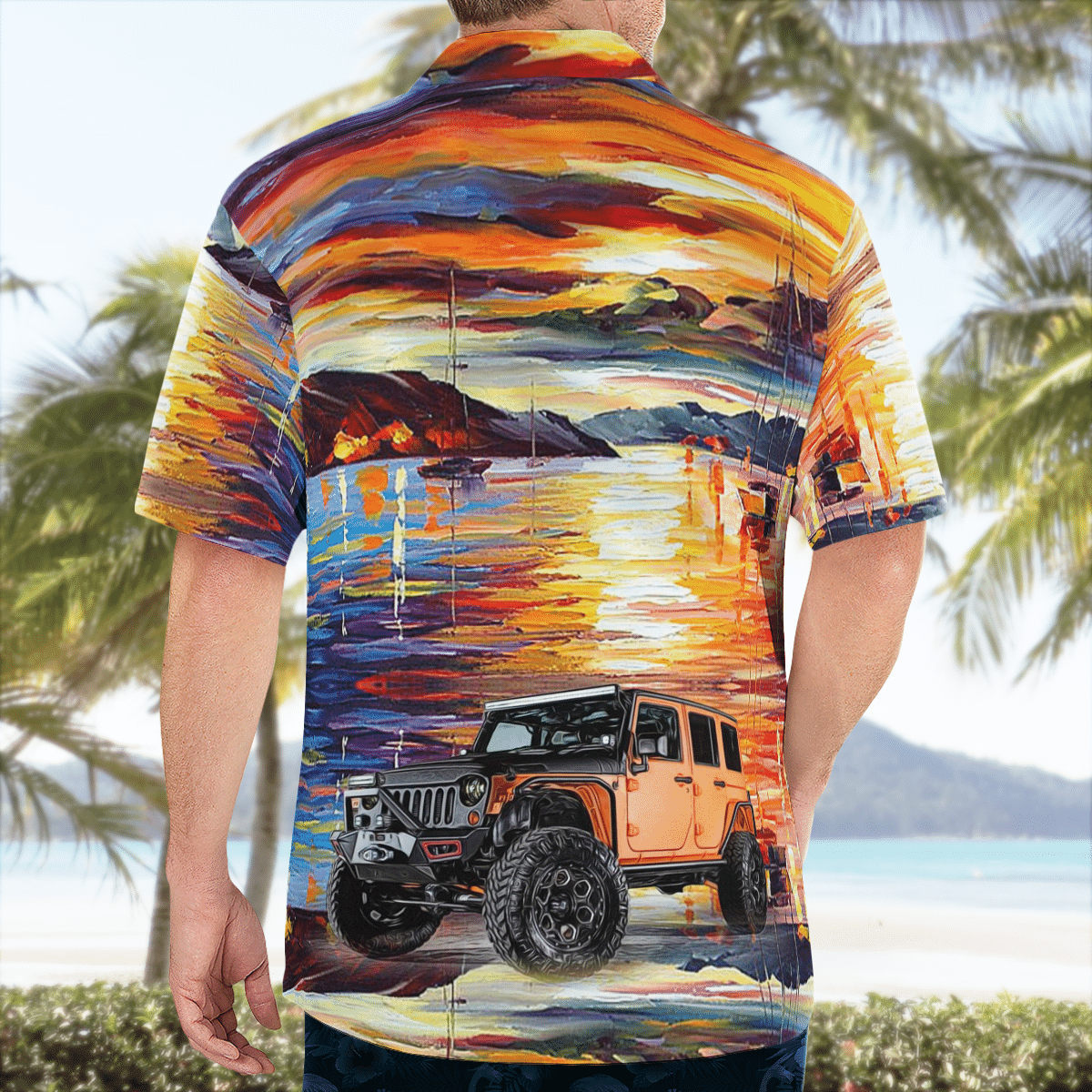 Jeep sunset beach painting Hawaiian shirt 1