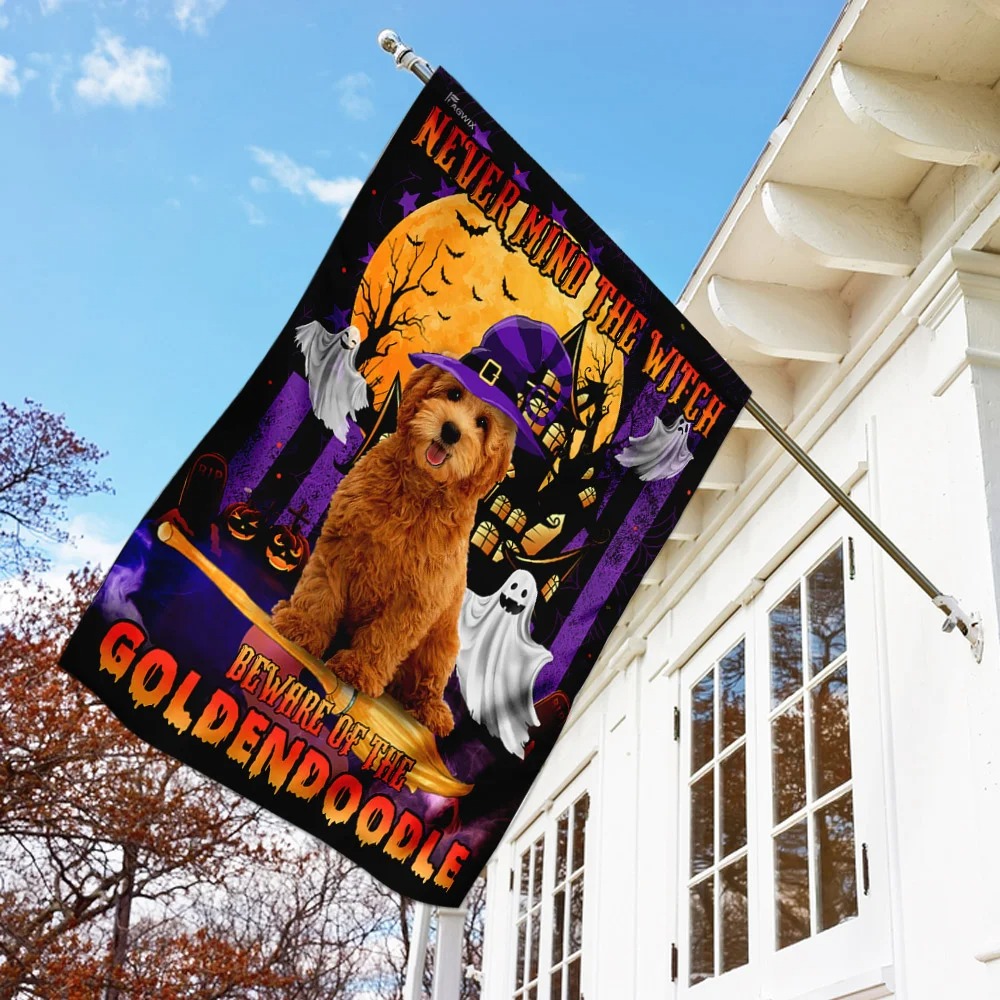 Never Mind The Witch Beware Of The Goldendoodle Halloween Flag 1
