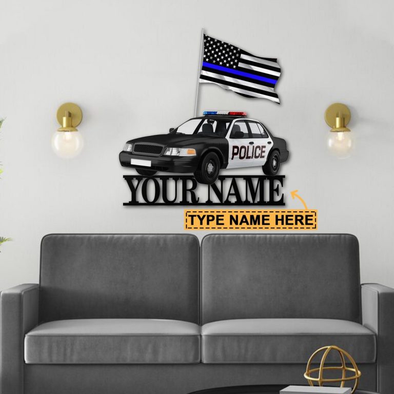 Police Car thin line blue flag custom name metal sign 10