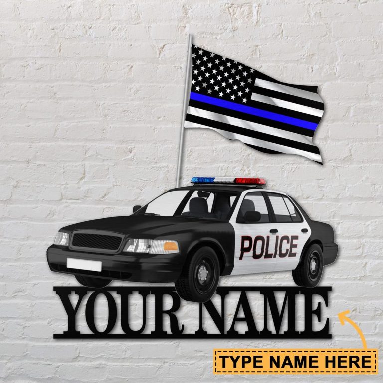 Police Car thin line blue flag custom name metal sign 8