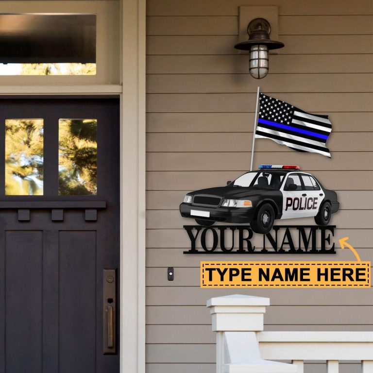 Police Car thin line blue flag custom name metal sign 11