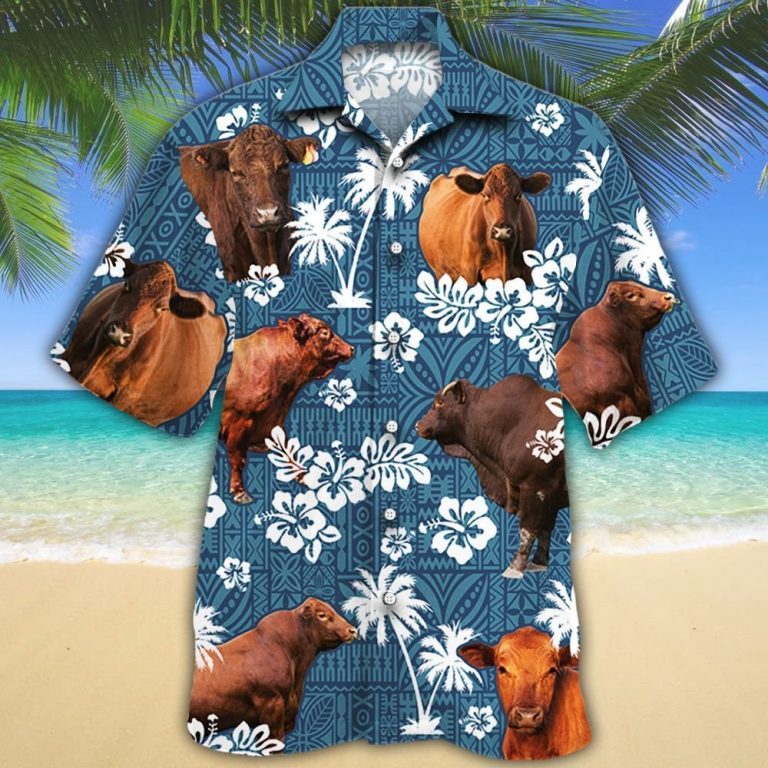 Red Angus cattle blue tribal Hawaiian shirt 9