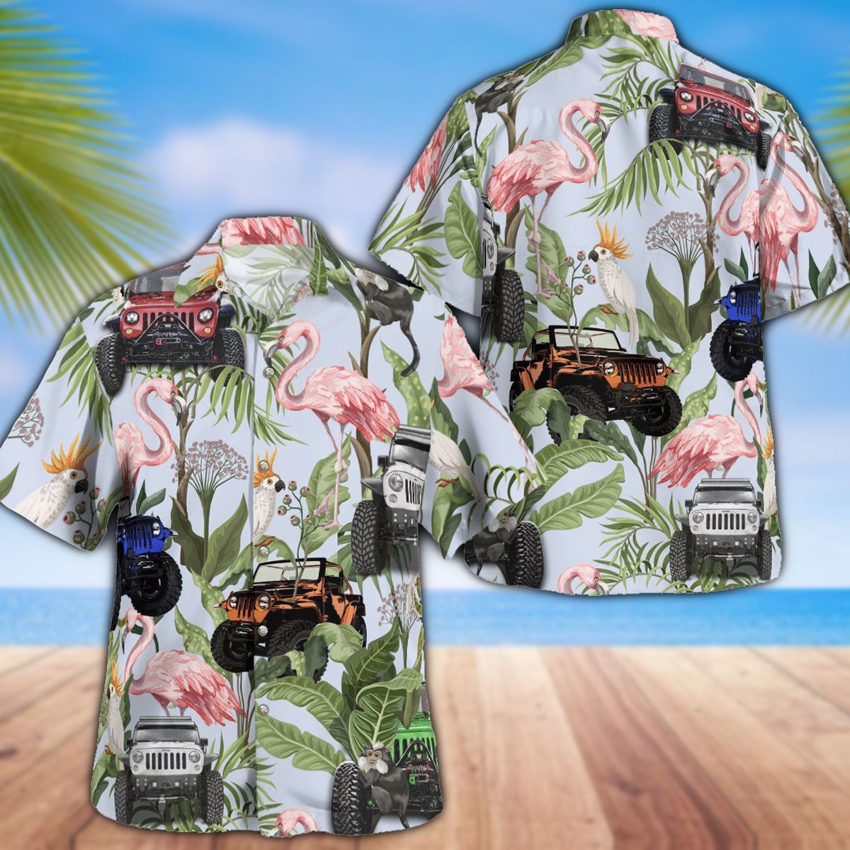 Tropical flamingo jeep Hawaiian shirt
