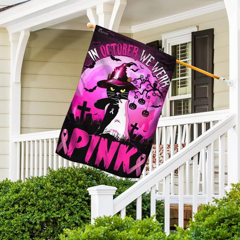 Witch Black cat in October we were pink Breast Cancer Halloween flag 10