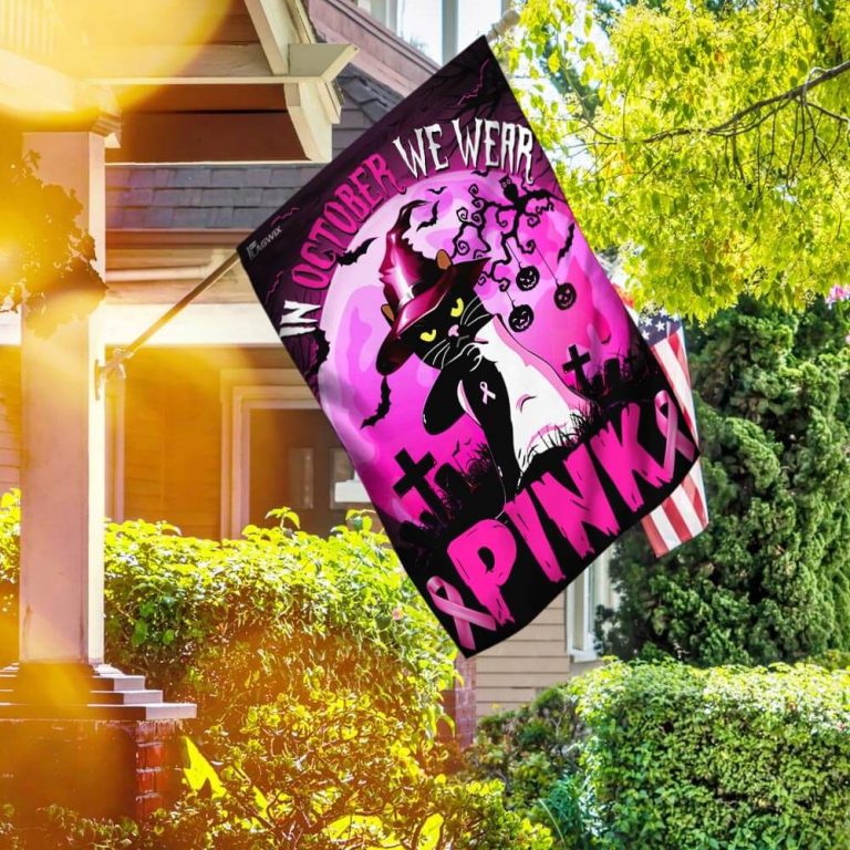 Witch Black cat in October we were pink Breast Cancer Halloween flag 15