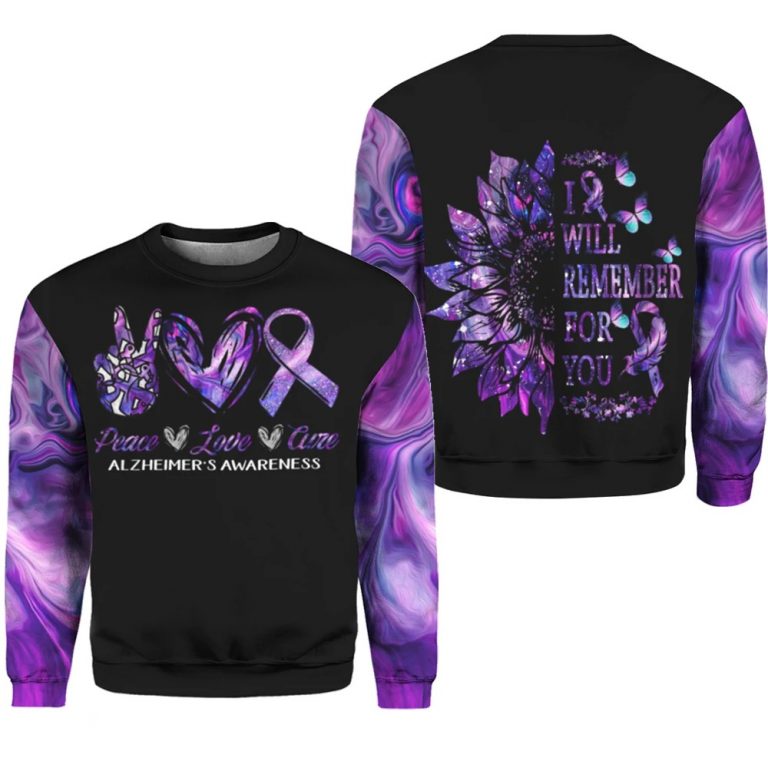 Alzheimer Awareness Peace Love Cure I will remember for you 3d shirt, hoodie 13