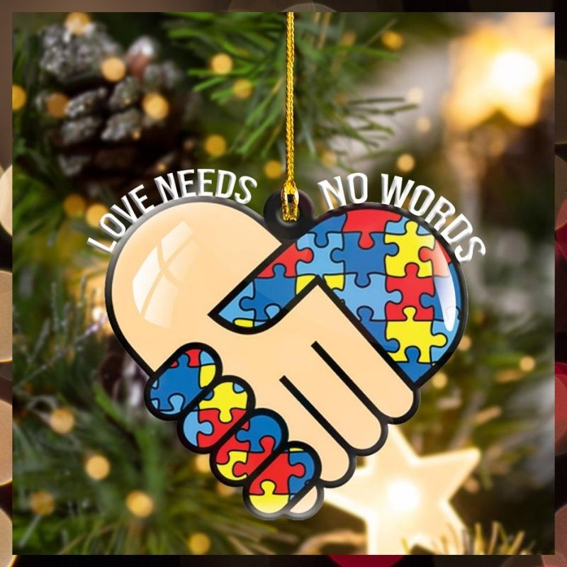 Autism puzzle piece heart hand shake Love needs No words hanging ornament 2
