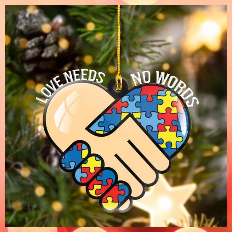 Autism puzzle piece heart hand shake Love needs No words hanging ornament 6