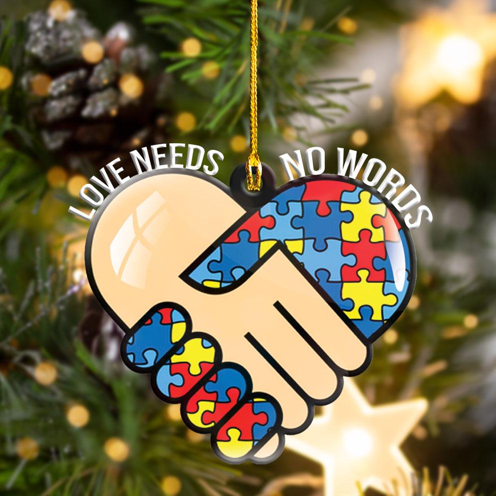 Autism puzzle piece heart hand shake Love needs No words hanging ornament 4