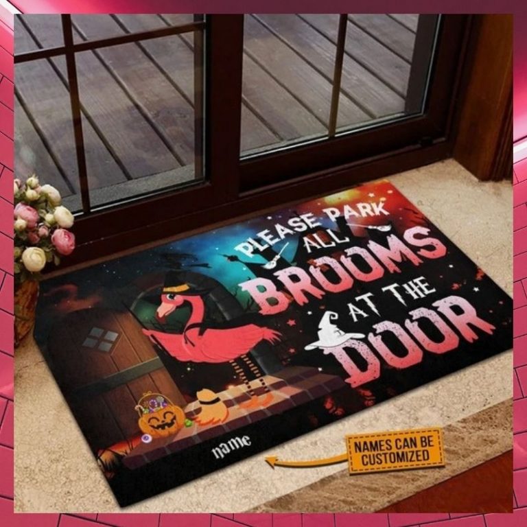 Flamingo Please Park All Brooms At Door Halloween custom name doormat 10