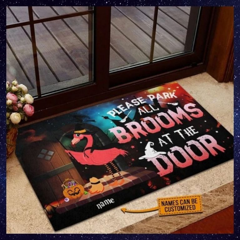 Flamingo Please Park All Brooms At Door Halloween custom name doormat 9