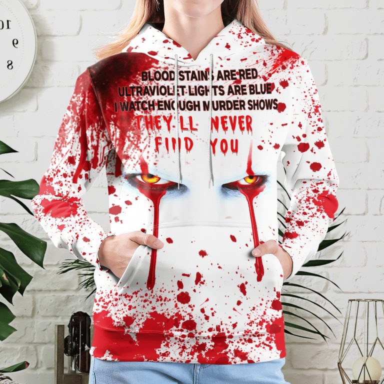 IT Pennywise Halloween blood stains are red ultraviolet lights are blue 3d hoodie 13