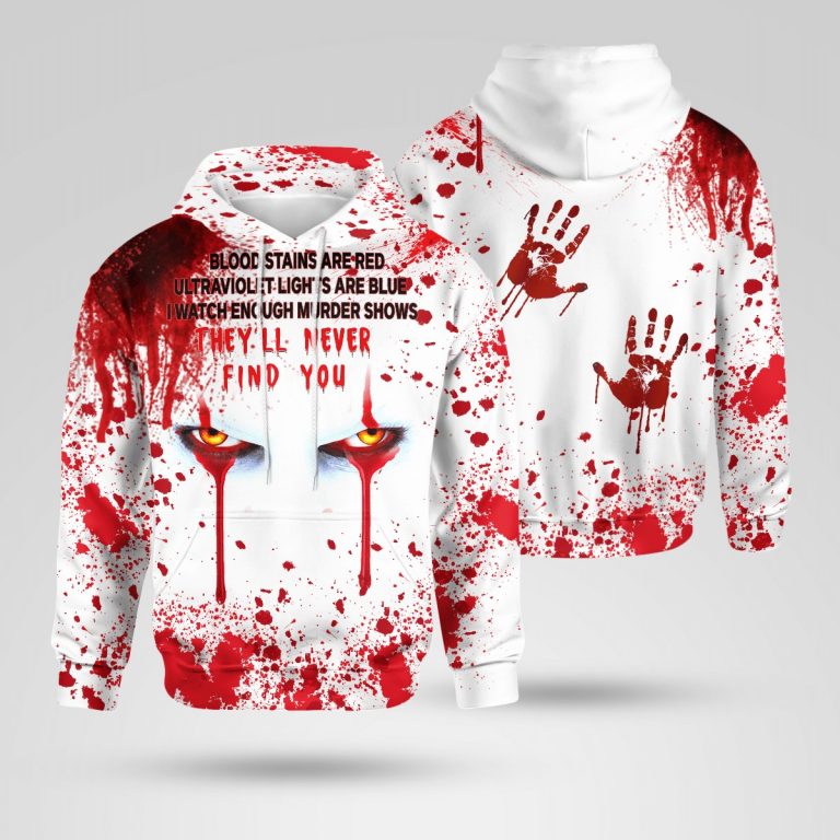 IT Pennywise Halloween blood stains are red ultraviolet lights are blue 3d hoodie 12