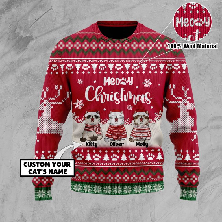 Meow Christmas custom name cat sweater 10