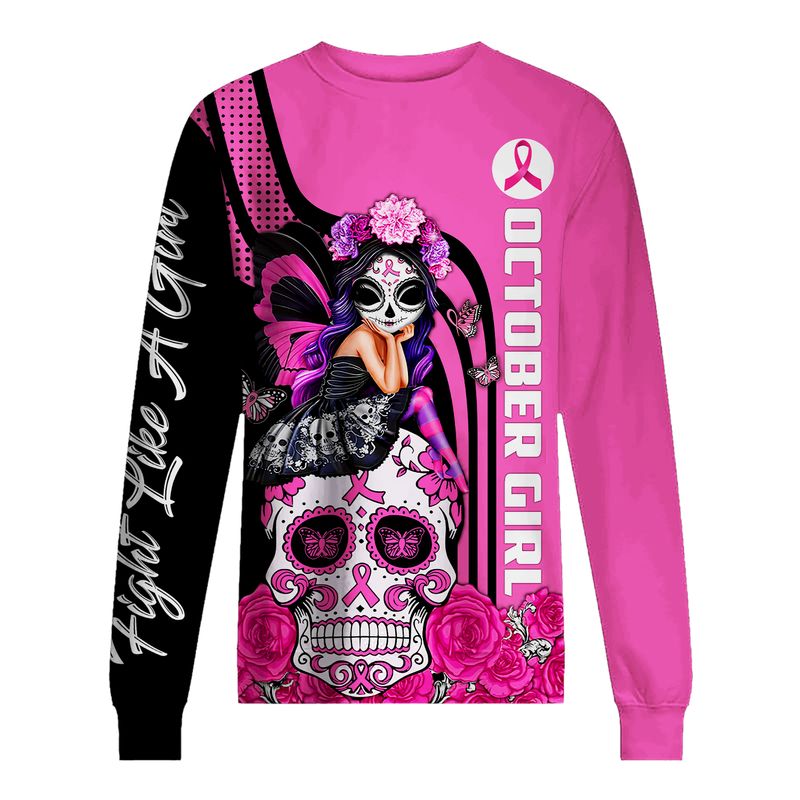October Sugar Skull Fairy Fight Like A Girl Breast Cancer Awareness 3d shirt, hoodie 4