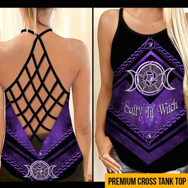 Salty Lil' Witch Purple Triple Moon criss cross tank top, leggings 18
