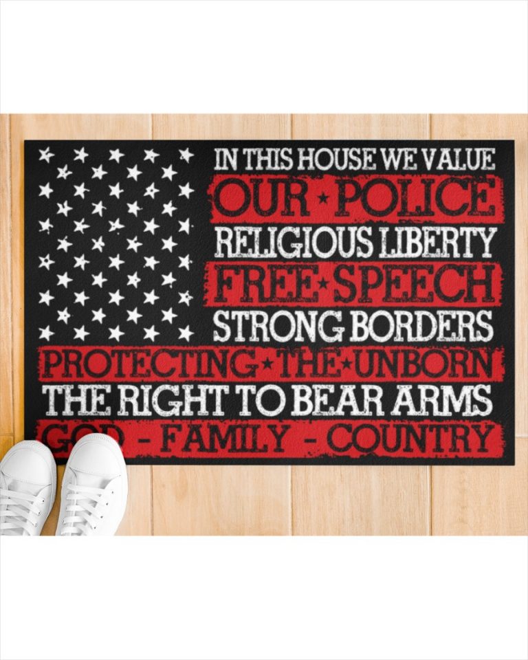 Thin red line in this house we value our police religious liberty doormat, yard sign 20