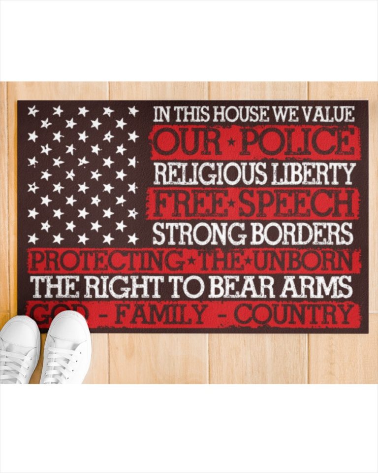 Thin red line in this house we value our police religious liberty doormat, yard sign 19