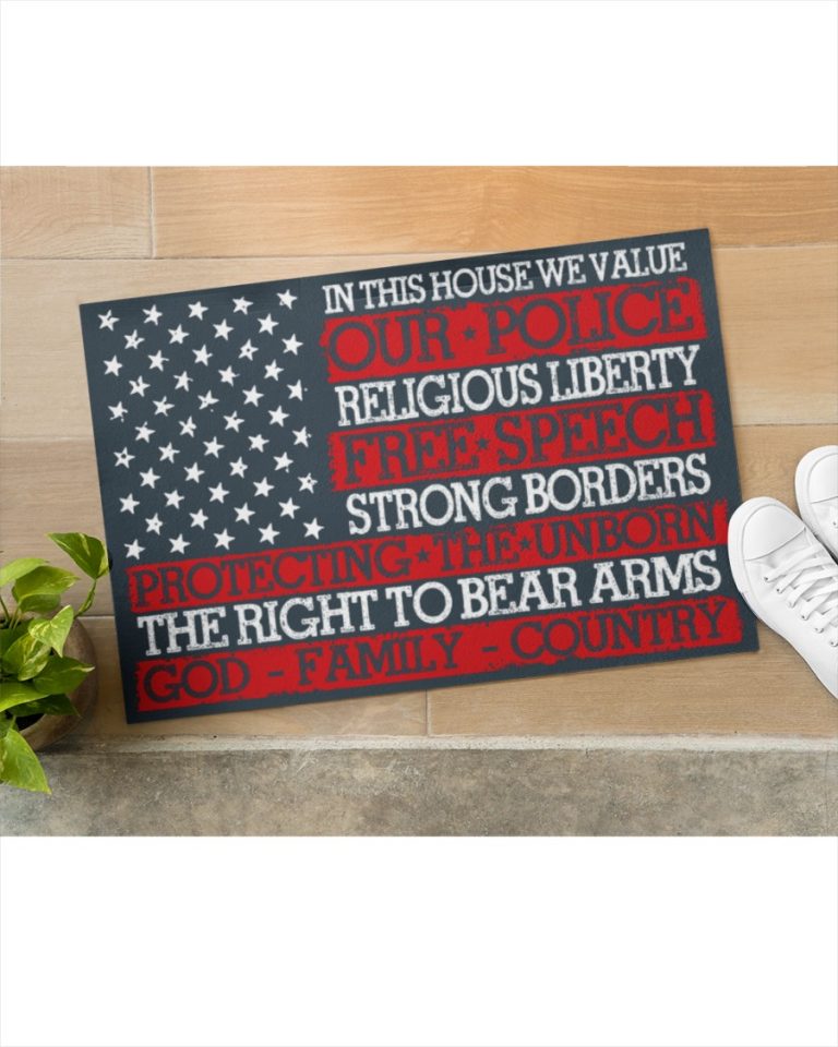 Thin red line in this house we value our police religious liberty doormat, yard sign 18