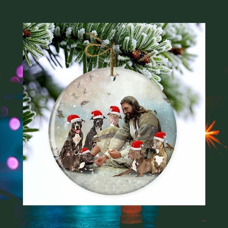 LIMITED Jesus Surrounded By Pit Bulls Christmas hanging ornament 9