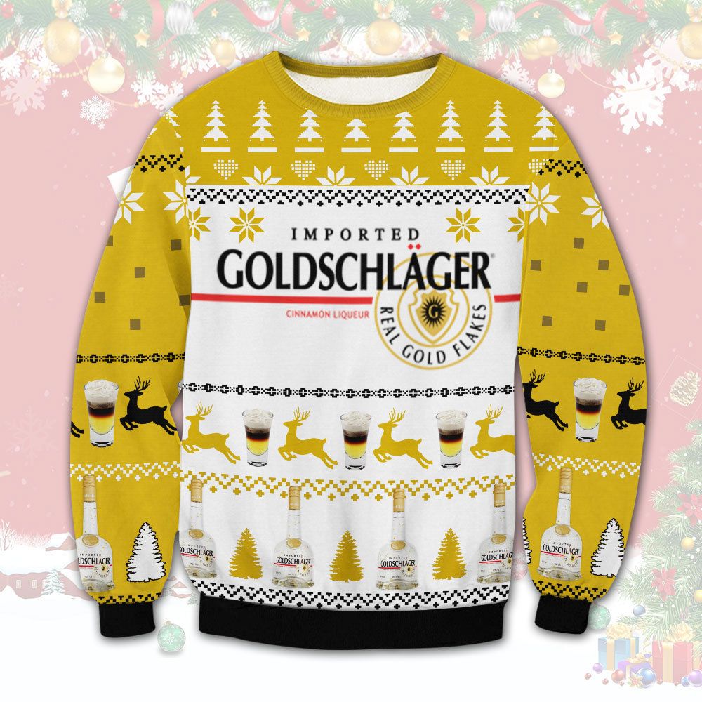 BEST Goldschlager Cinnamon Liqueur real gold flakes ugly Christmas sweater 1