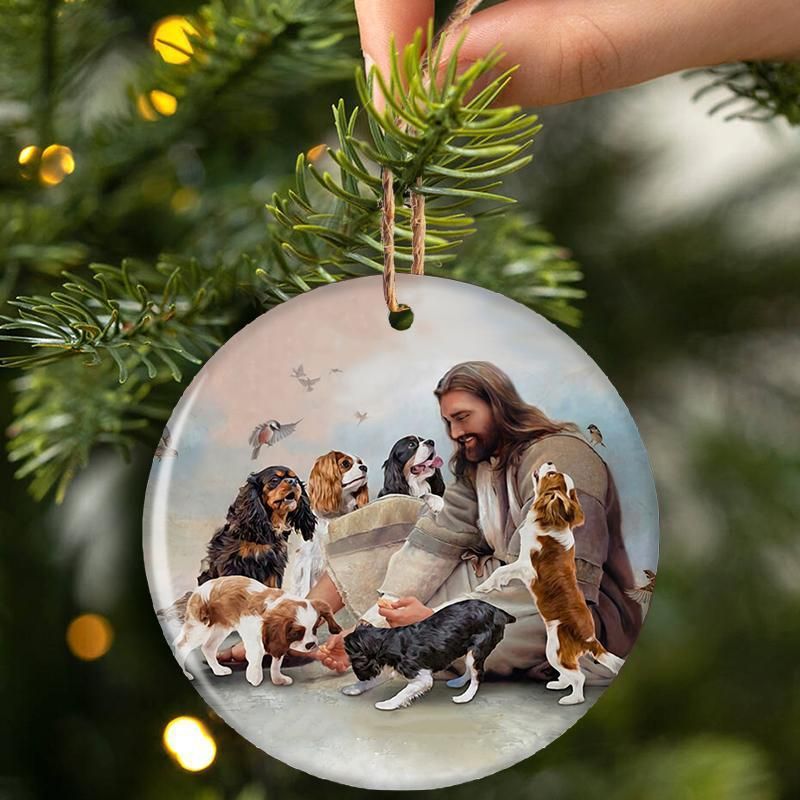 HOT Jesus Surrounded By Cavalier King Charles Spaniels Christmas ornament 2