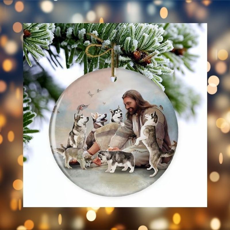 NEW Jesus Surrounded By Huskies Christmas ornament 1