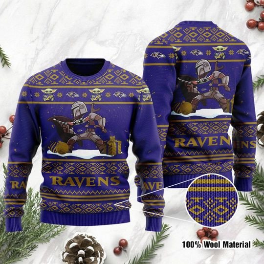 Baby Yoda Boba Fett The Mandalorian Baltimore Ravens Ugly Christmas Sweater