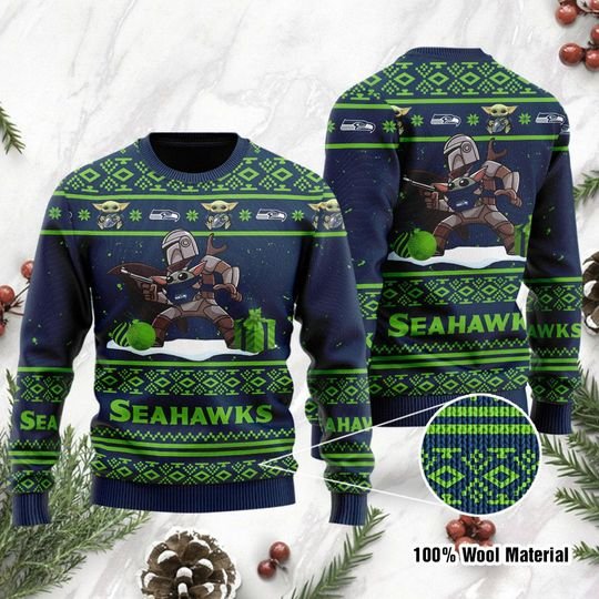 Baby Yoda Boba Fett The Mandalorian Seattle Seahawks Ugly Christmas Sweater