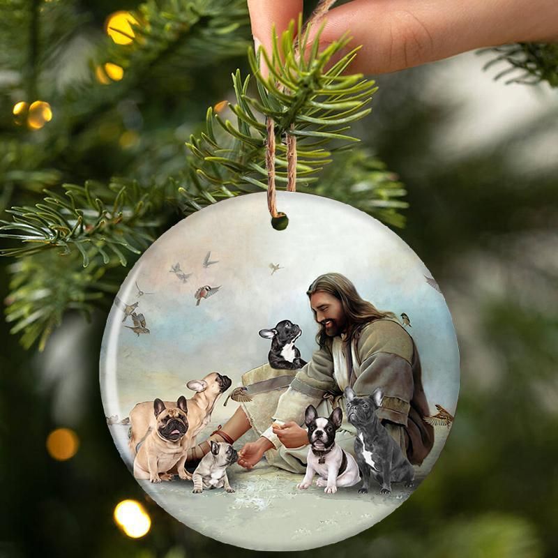 HOT Jesus Surrounded By French Bulldogs Christmas ornament 9