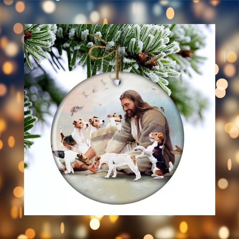 BEST Jesus Surrounded By Fox Terriers Christmas hanging ornament 9