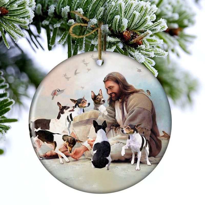 LIMITED Jesus Surrounded By Rat Terriers Christmas ornament 3