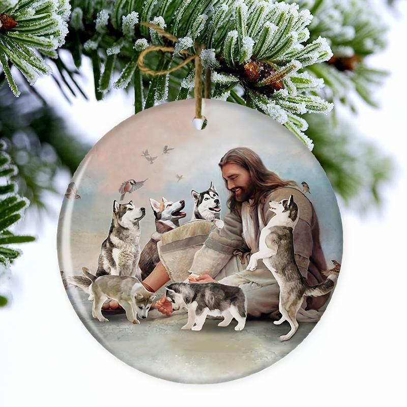 NEW Jesus Surrounded By Huskies Christmas ornament 5