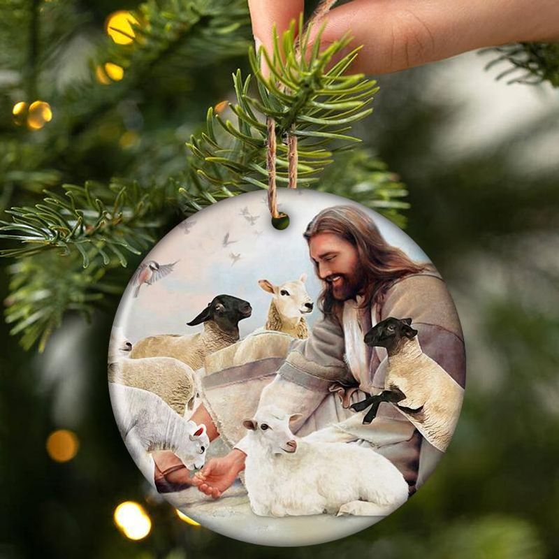 NEW Jesus Surrounded By Lambs Christmas hanging ornament 4