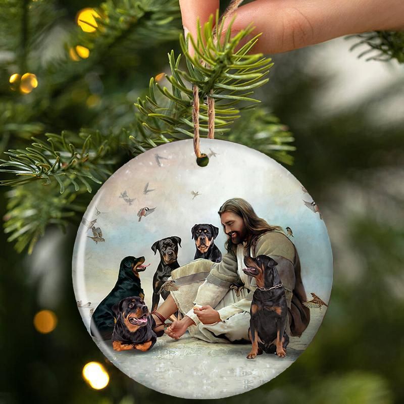 HOT Jesus Surrounded By Rottweilers Christmas ornament 2