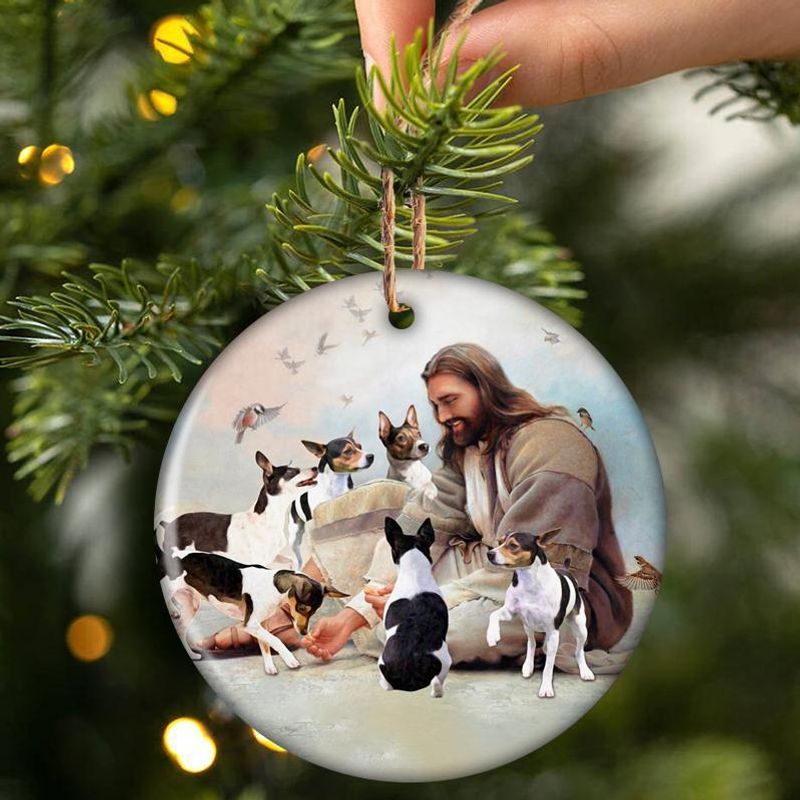 LIMITED Jesus Surrounded By Rat Terriers Christmas ornament 2