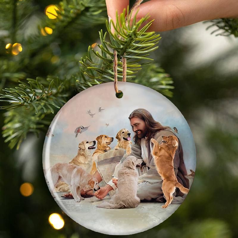 HOT Jesus Surrounded By Golden Retrievers Christmas ornament 4