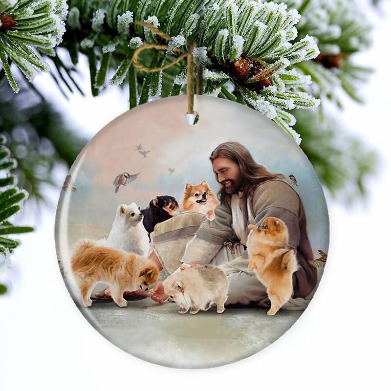 NEW Jesus Surrounded By Pomeranians Christmas ornament 1