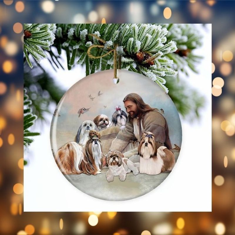 NEW Jesus Surrounded By Shih Tzus Christmas ornament 6