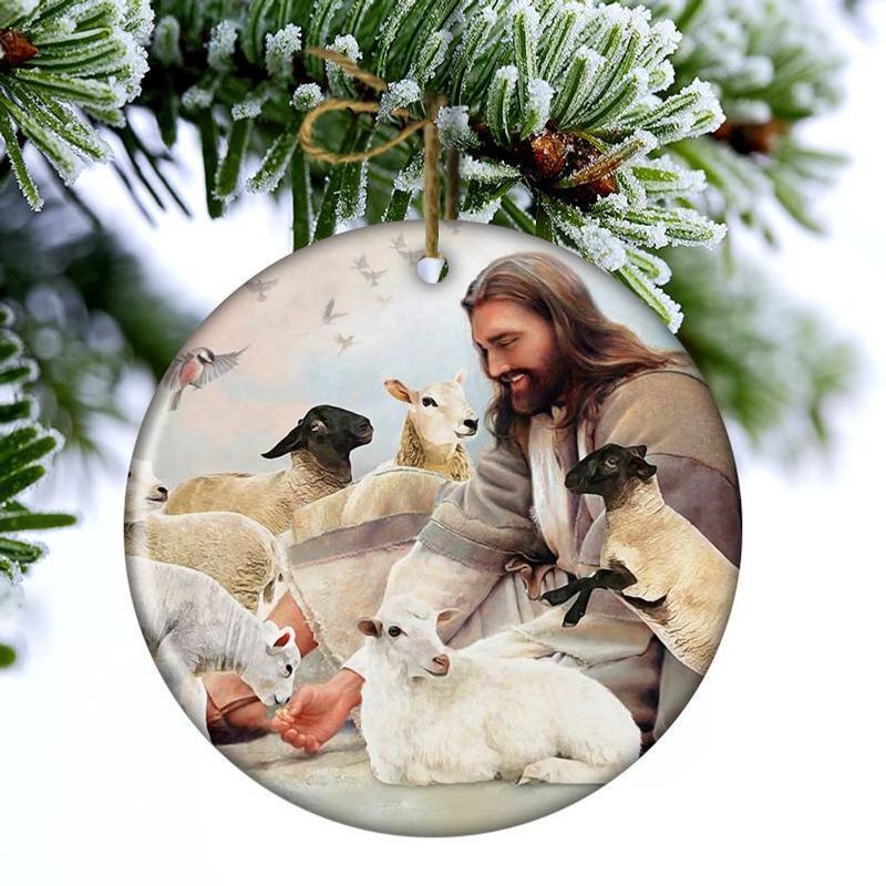 NEW Jesus Surrounded By Lambs Christmas hanging ornament 3