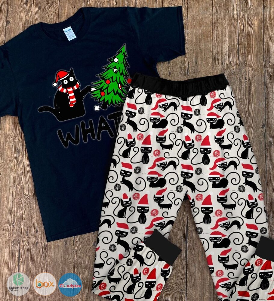 Black_Cat_WHAT_Christmas_tree_short_sleeves_Pajamas_Set